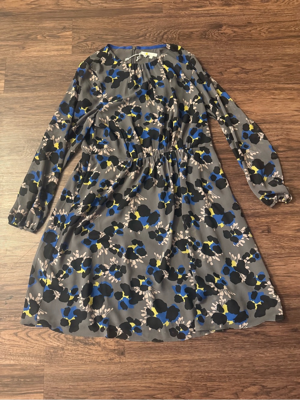 Boden Gray Floral Long-Sleeve Dress with Blue, Black, and Yellow Accents